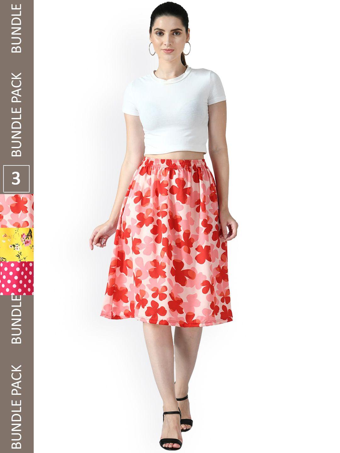 IndiWeaves Pack of 3 Floral Printed A-line Midi Skirts