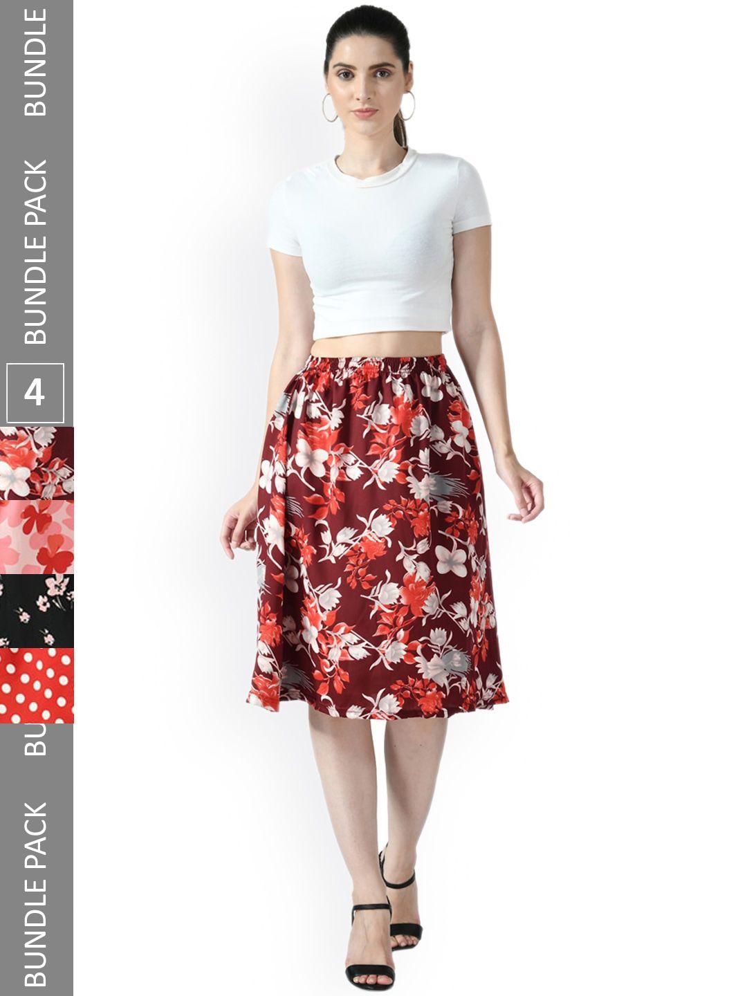 IndiWeaves Pack of 4 Floral Printed Flared Midi Skirts