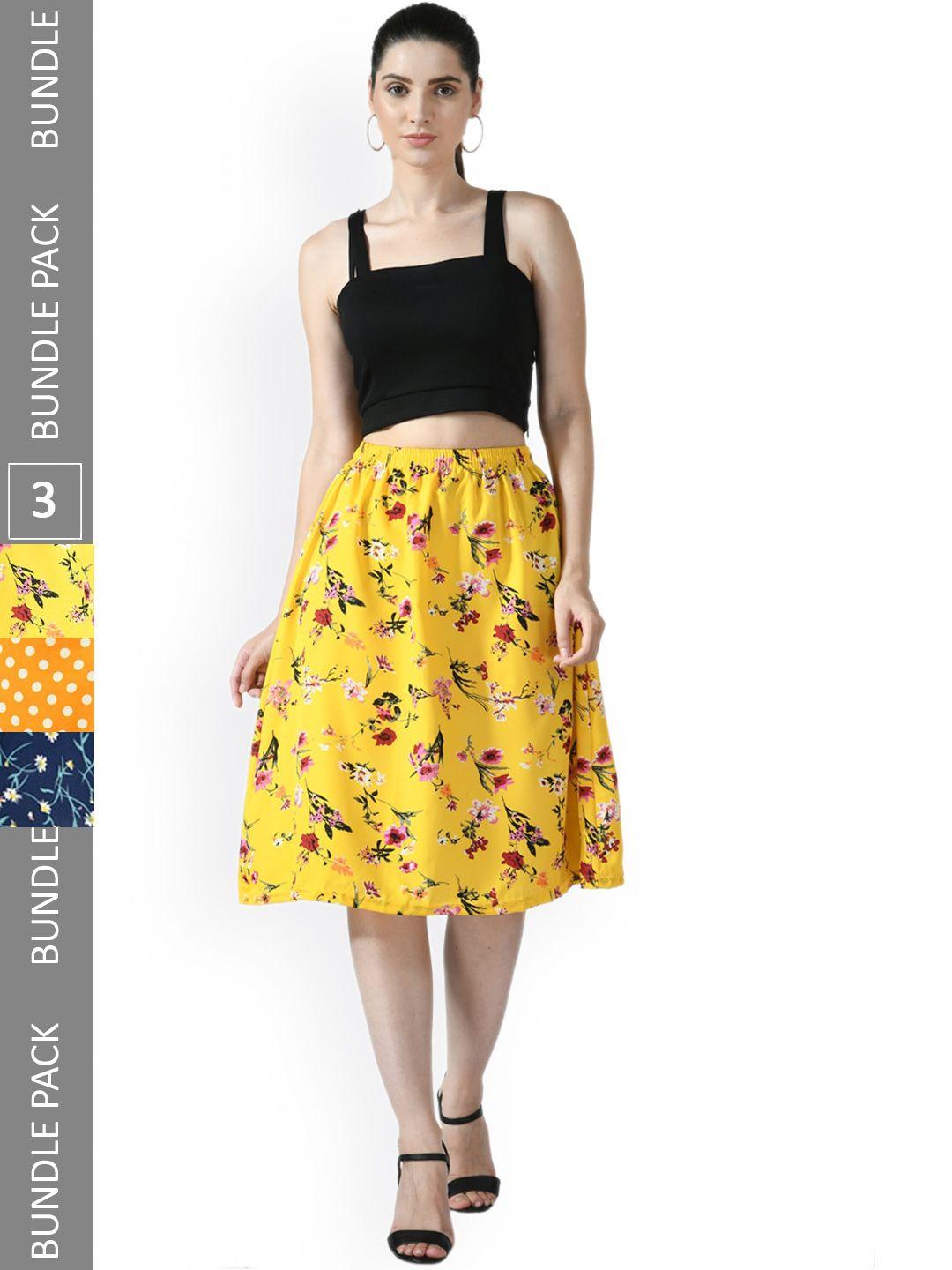 IndiWeaves Pack Of 3 Floral Printed Flared Midi Skirts