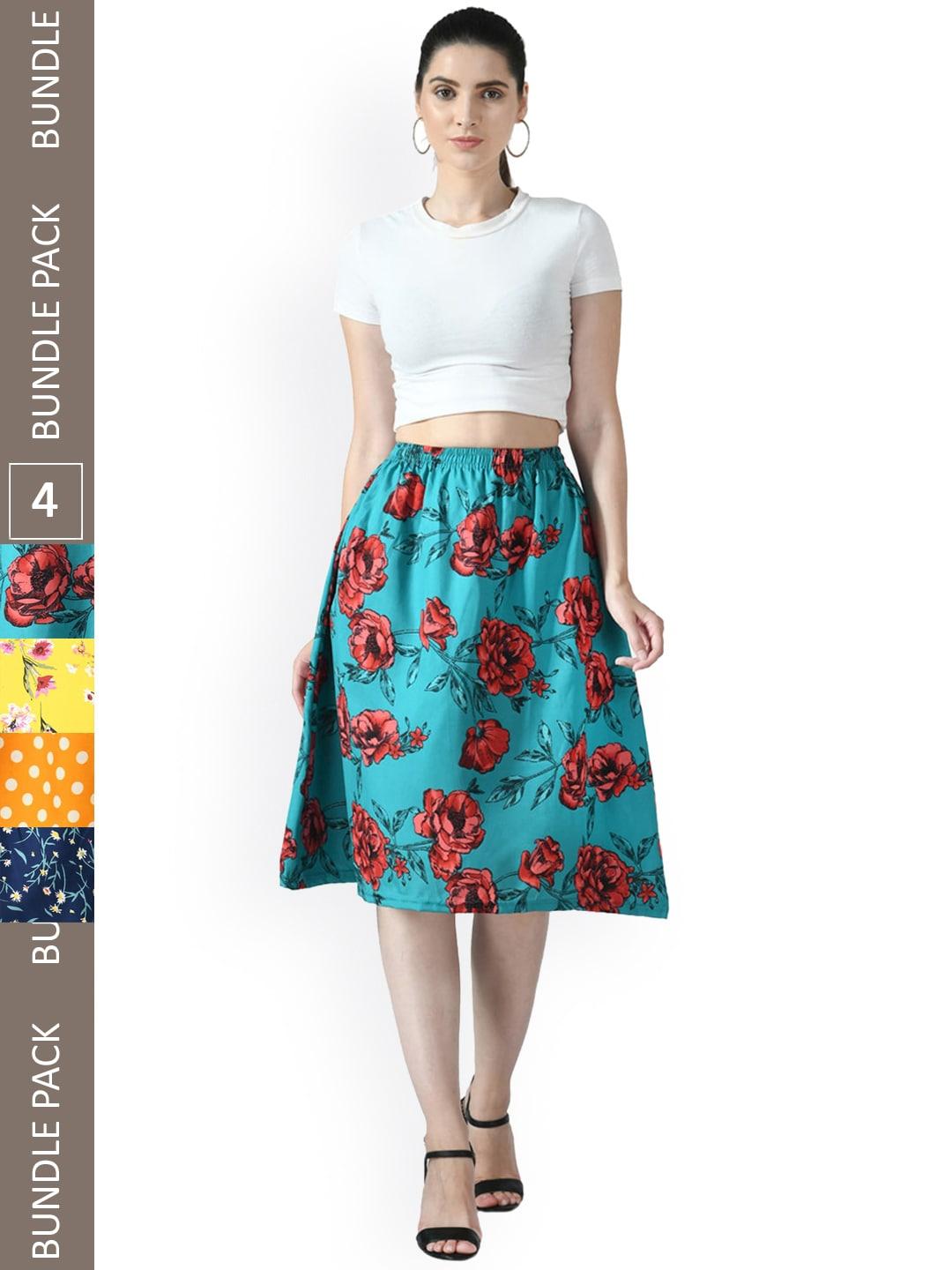 IndiWeaves Pack of 4 Floral Printed Flared Midi Skirts