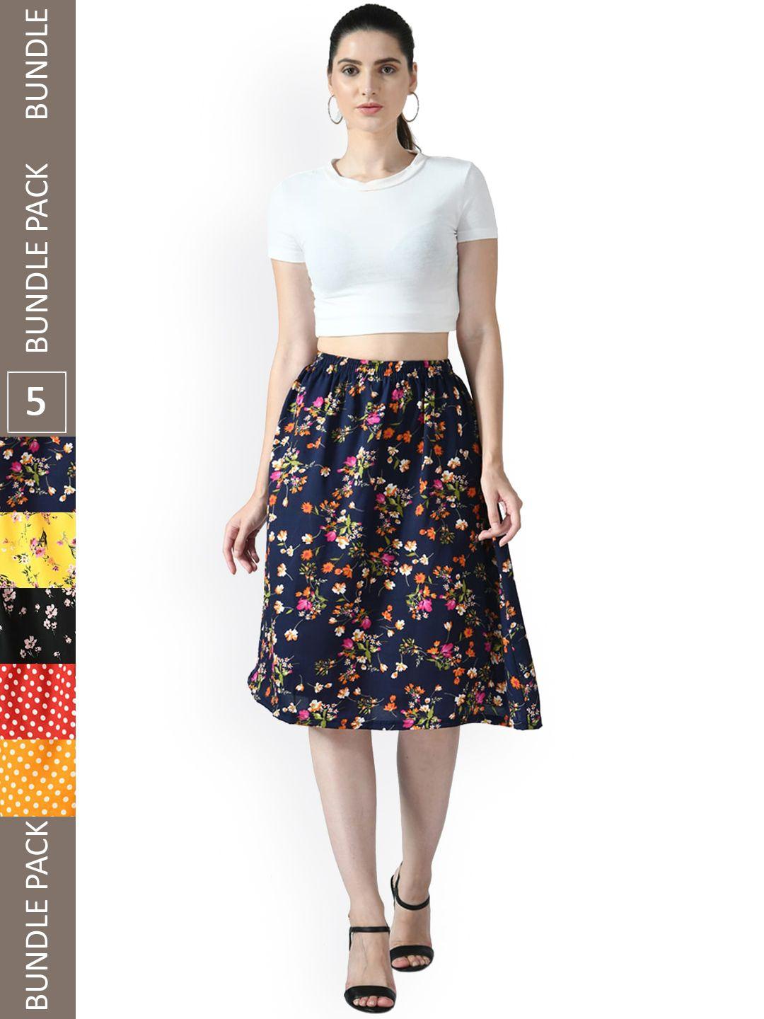 IndiWeaves Pack of 5 Floral Printed Flared Midi Skirts
