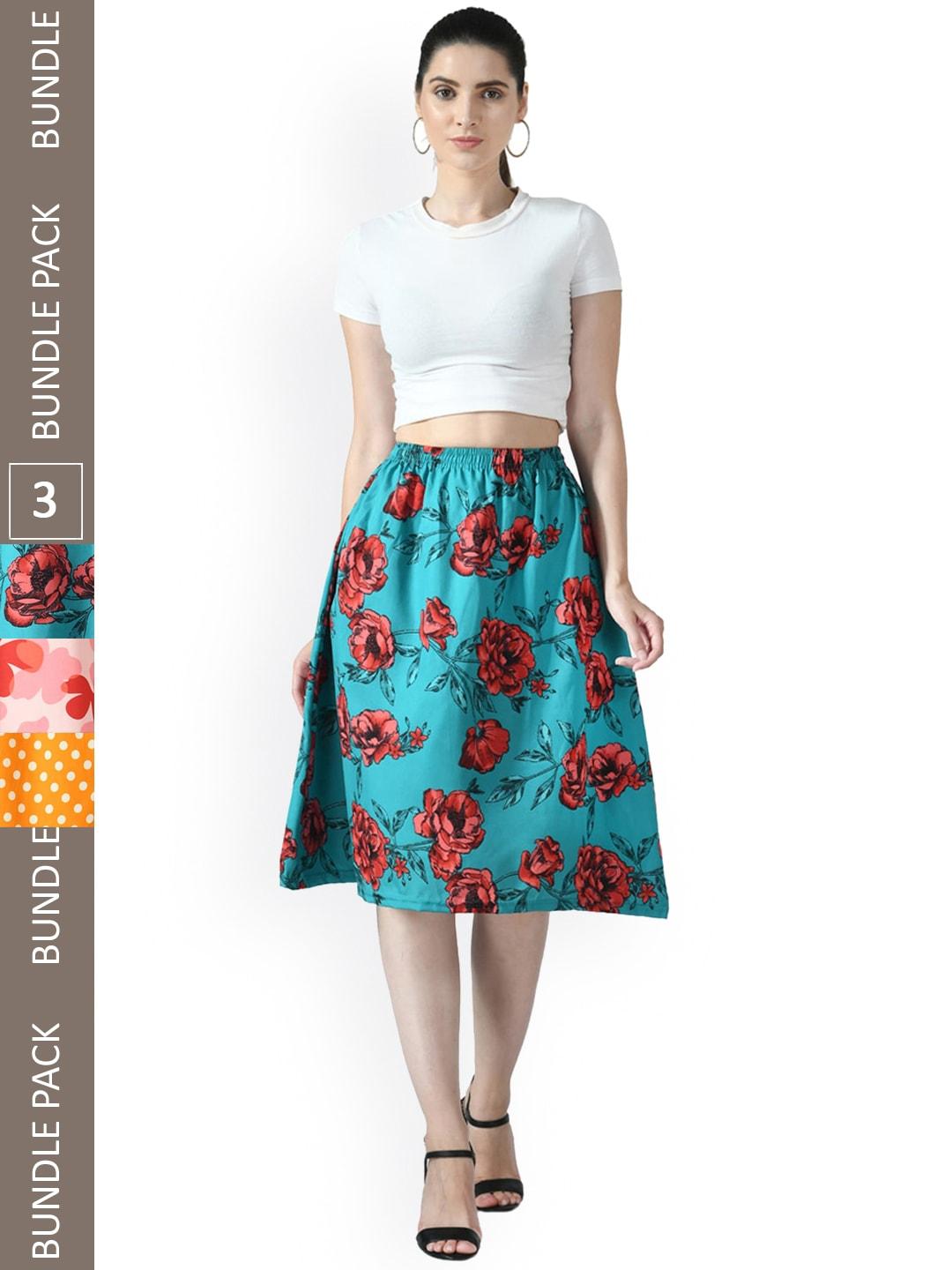 IndiWeaves Pack of 3 Floral Printed Flared Midi Skirts