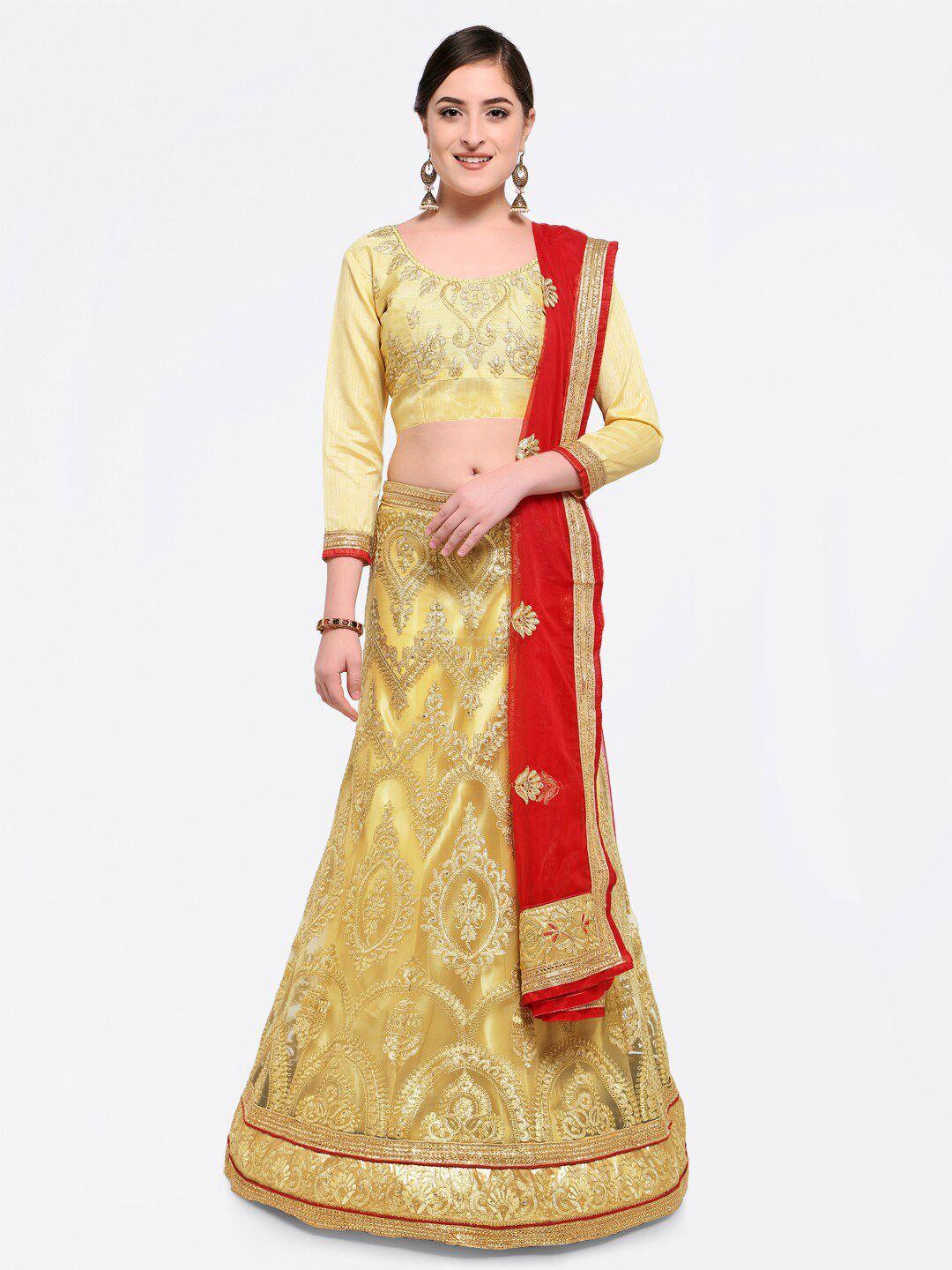 MANVAA Beige & Red Embroidered Semi-Stitched Lehenga & Unstitched Blouse With Dupatta