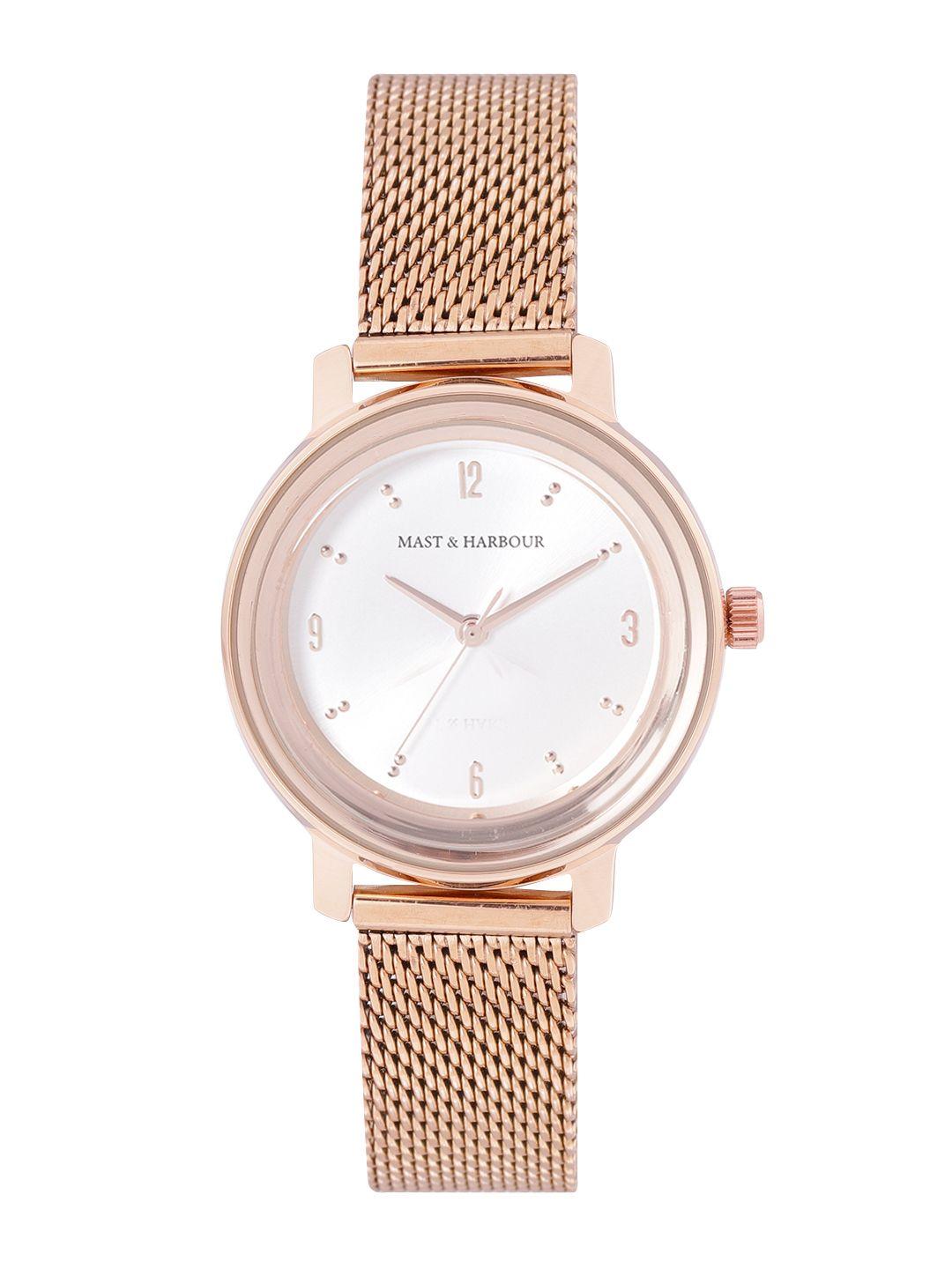 mast-&-harbour-women-silver-toned-brass-dial-&-rose-gold-toned-stainless-steel-bracelet-style-straps-watch