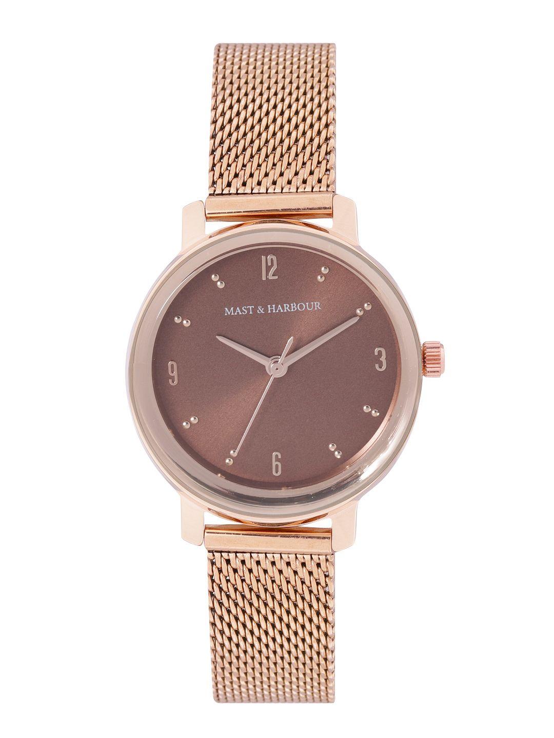 mast-&-harbour-women-brown-brass-dial-&-rose-gold-toned-stainless-steel-bracelet-style-straps-analogue-watch
