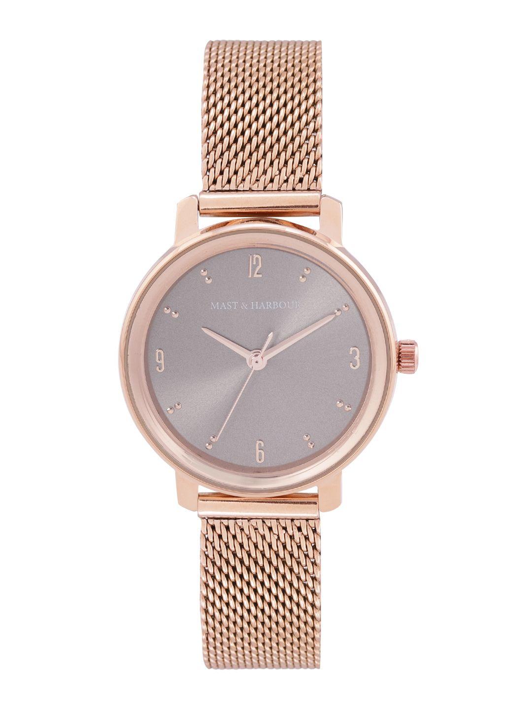Mast & Harbour Women Grey Brass Dial & Rose Gold Toned Stainless Steel Bracelet Style Straps Analogue Watch