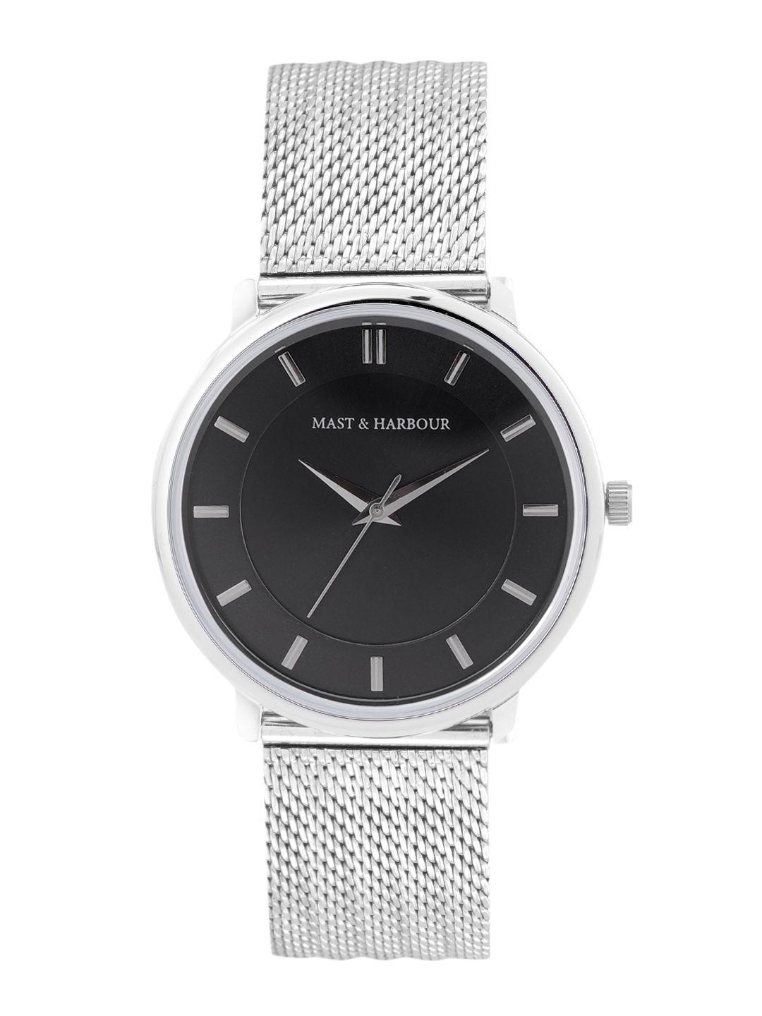 mast-&-harbour-unisex-black-brass-dial-&-silver-toned-stainless-steel-bracelet-style-straps-analogue-watch