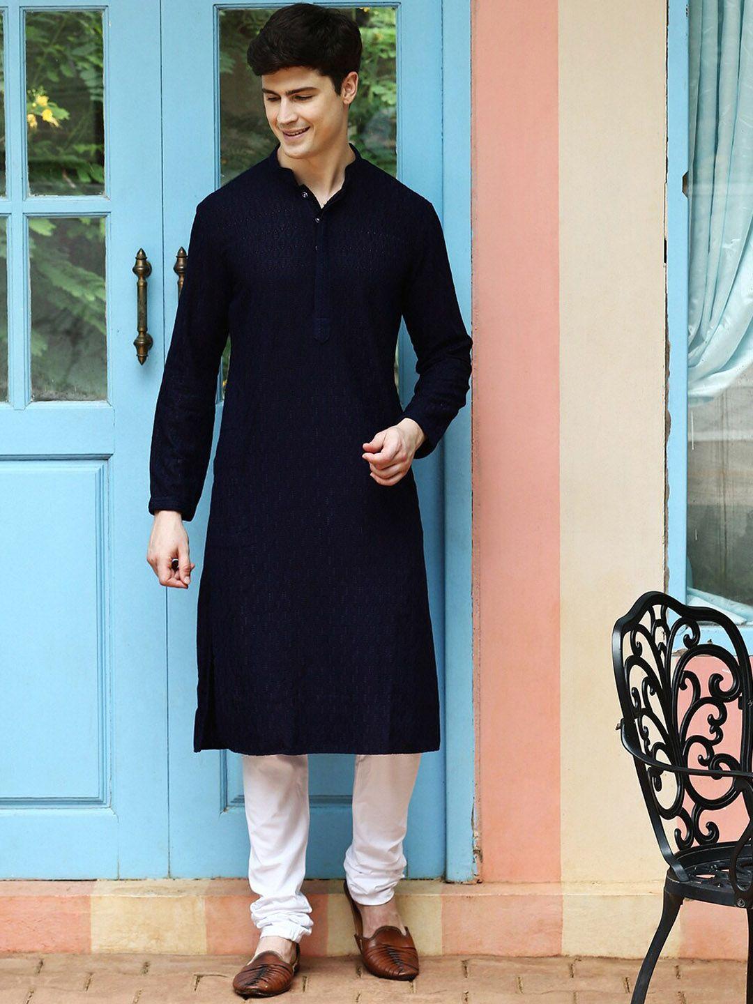 sanwara-men-blue-embroidered-regular-chikankari-pure-cotton-kurta-with-churidar
