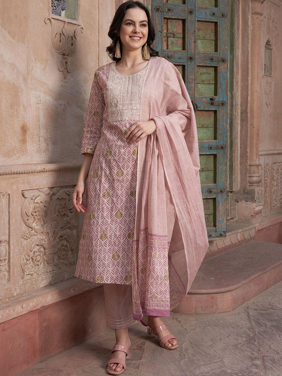 sangria-women-embroidered-regular-sequinned-pure-cotton-kurta-with-churidar-&-with-dupatta