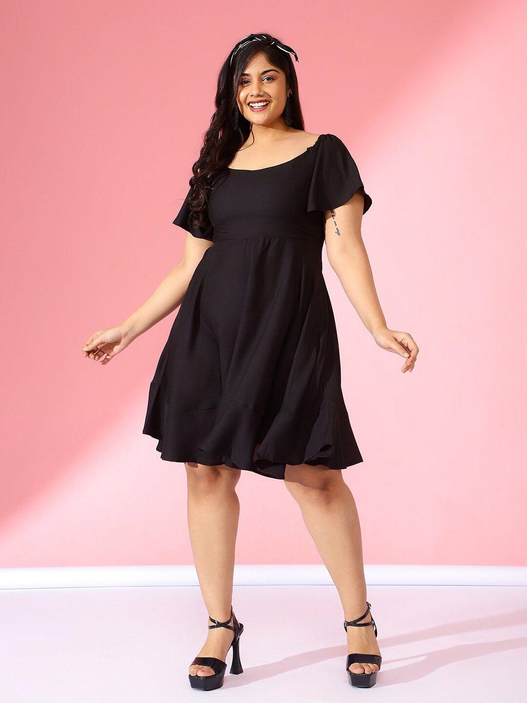 curve-by-kassually-black-flared-sleeve-crepe-fit-&-flare-dress
