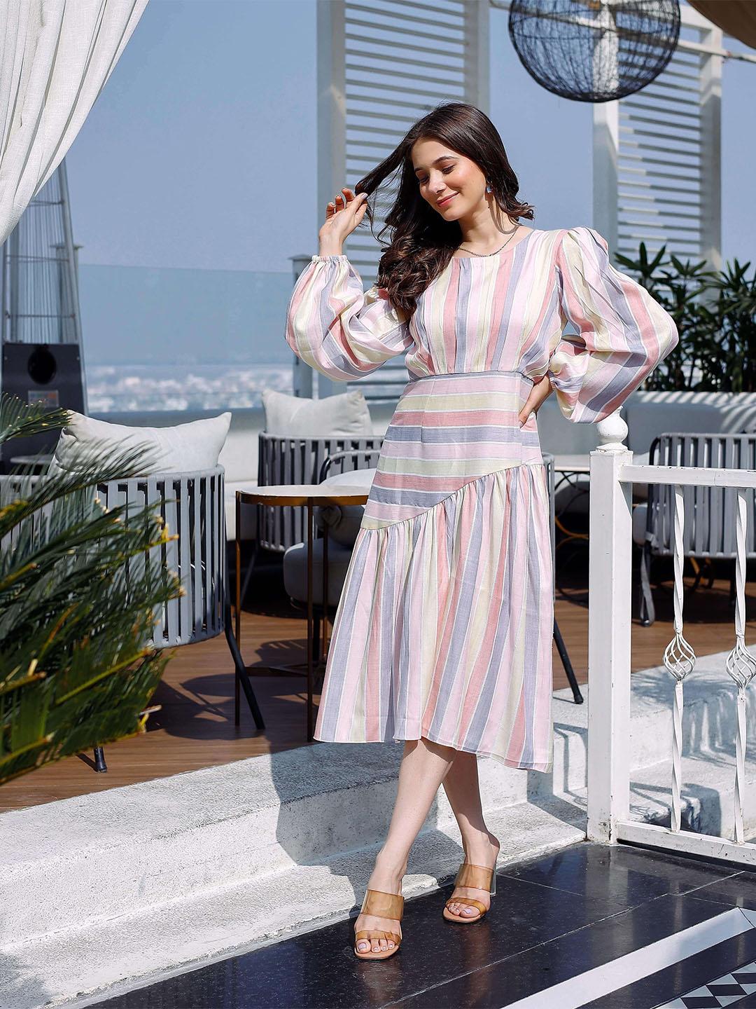 Lirose Turvi Striped Linen Fit & Flare Midi Dress