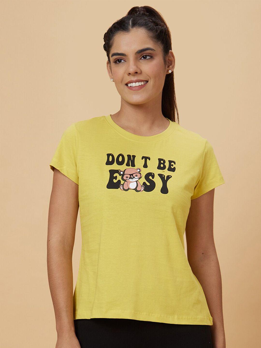 globus-women-yellow-typography-printed-pockets-t-shirt
