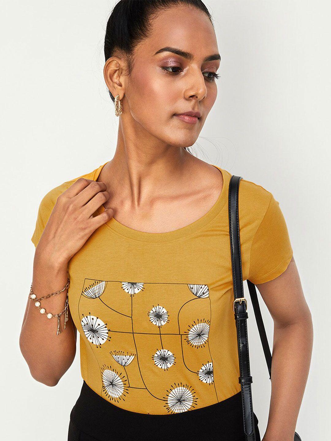 max-women-yellow-typography-printed-applique-t-shirt