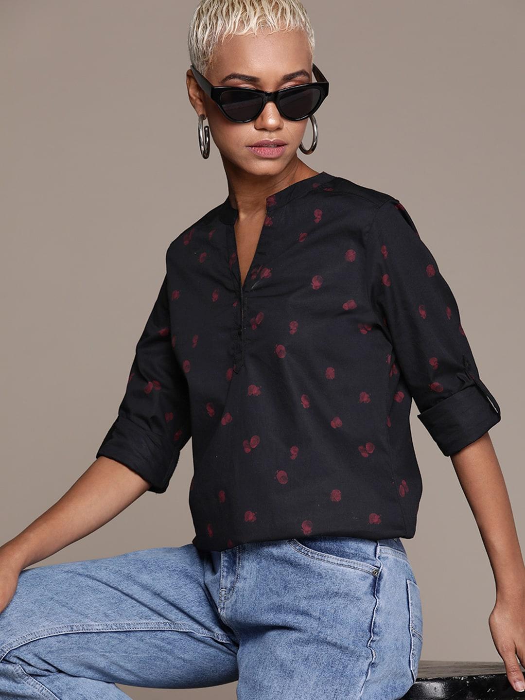 The Roadster Lifestyle Co. Printed Mandarin Collar Cotton Shirt Style Top
