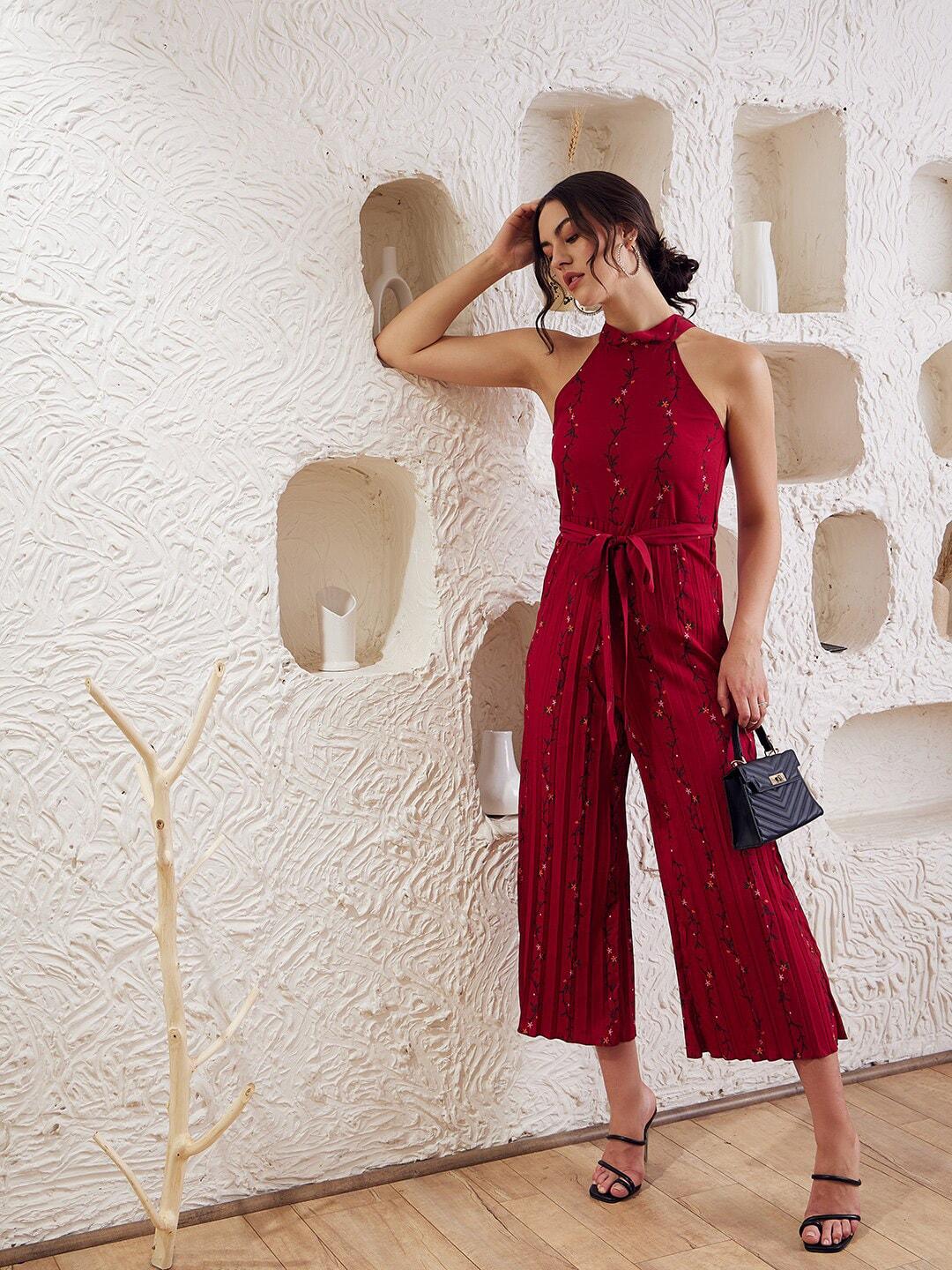 Berrylush Floral Embroidered Halter Neck Pleated Culotte Jumpsuit