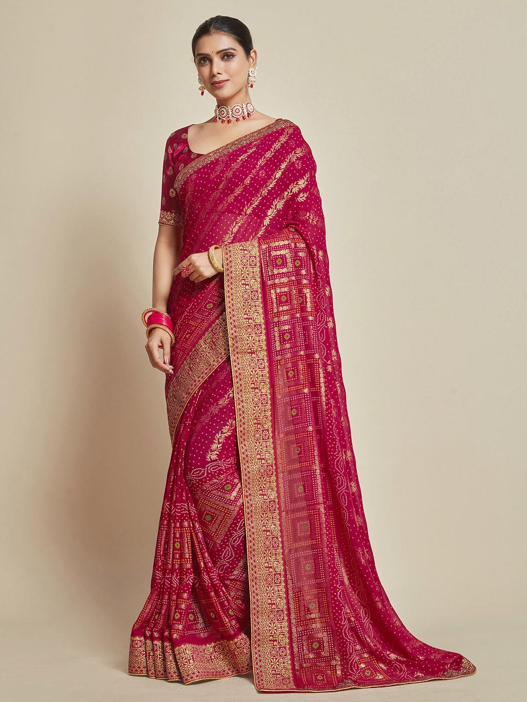 Sangria Pink Woven Design Zari Detail Poly Georgette Bandhani Saree