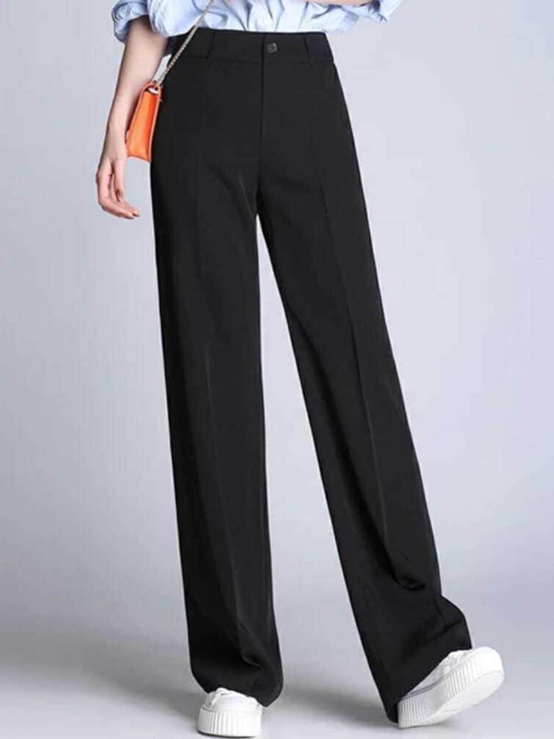 Next One Women Black Relaxed Straight Leg Loose Fit High-Rise Easy Wash Trousers