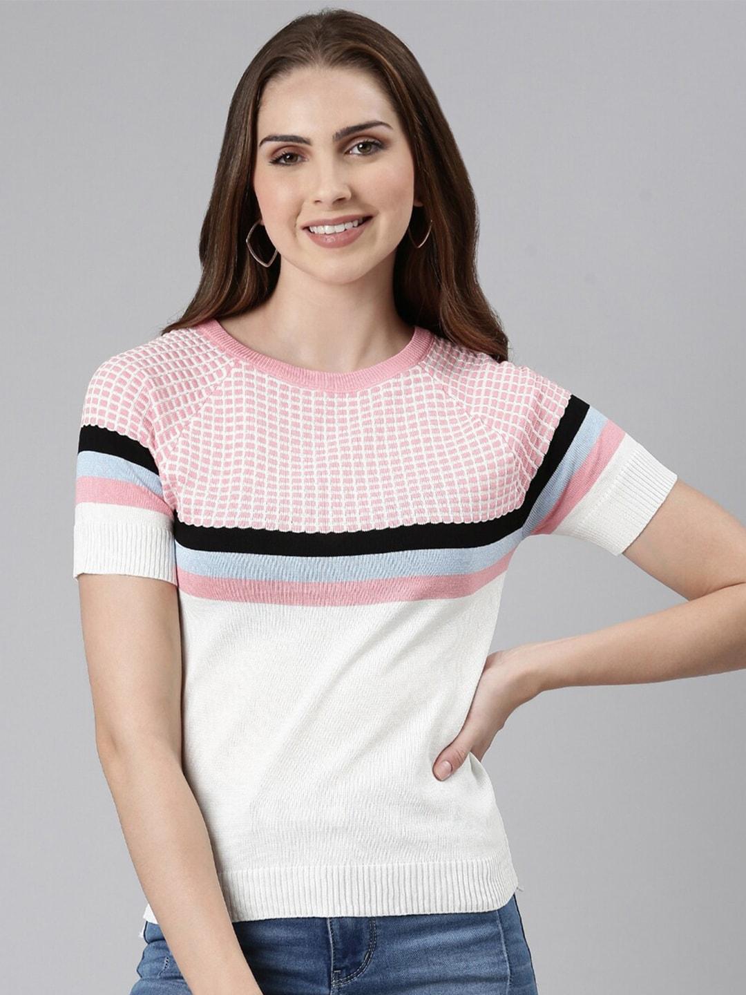 showoff-striped-round-neck-ribbed-top