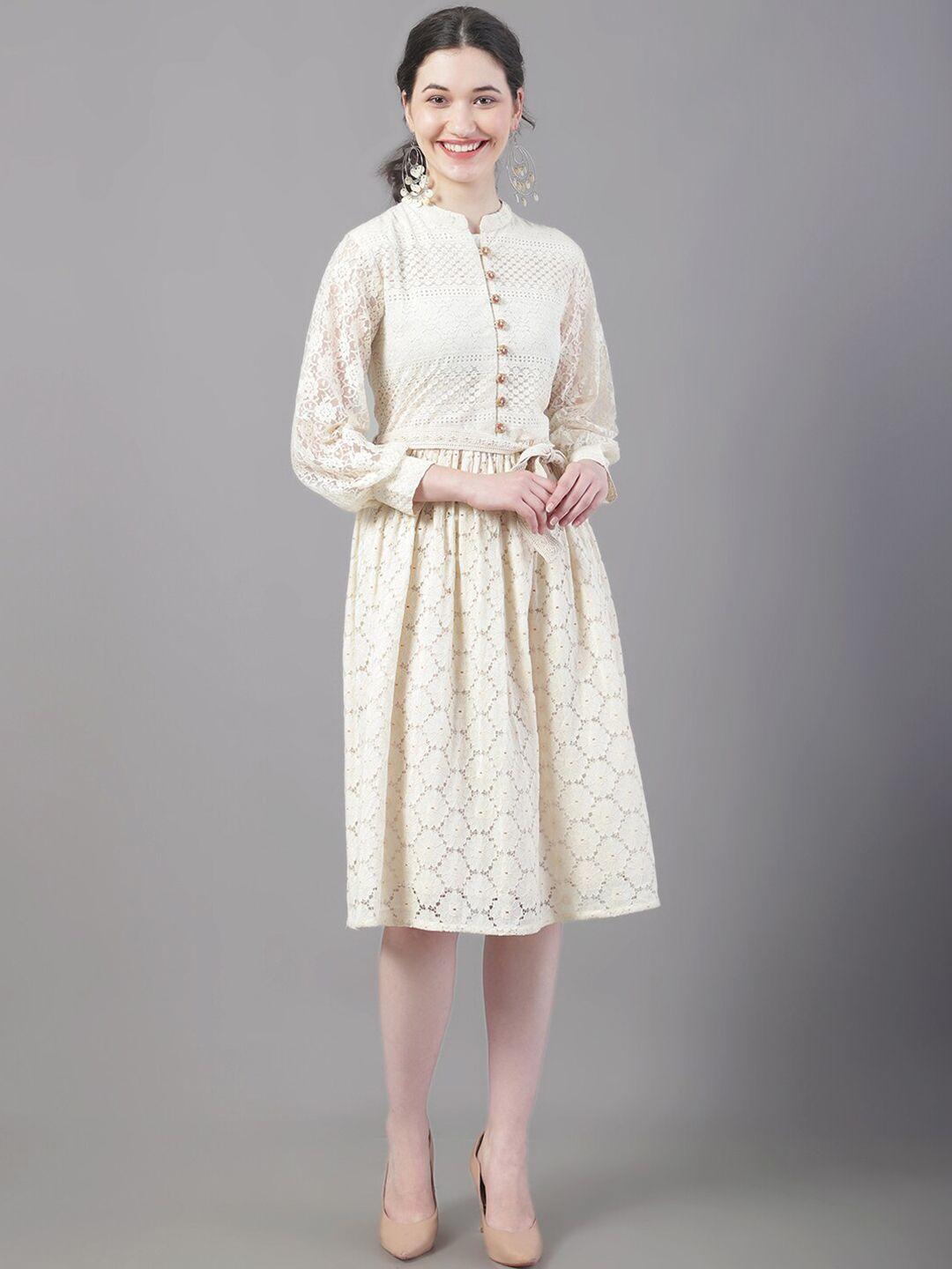 Tulsattva Self Design Cotton Schiffli Fit & Flare Dress