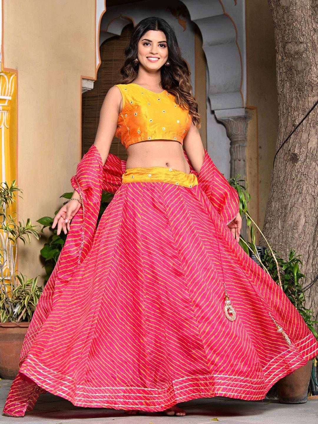 Indi INSIDE Mirror Work Embroidered Semi-Stitched Lehenga & Unstitched Blouse With Dupatta
