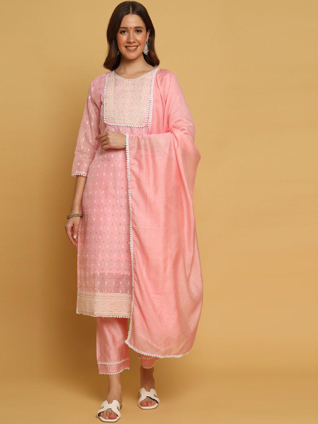 SWAGG INDIA Women Pink Ethnic Motifs Embroidered Regular Chanderi Silk Kurta with Trousers & With Dupatta