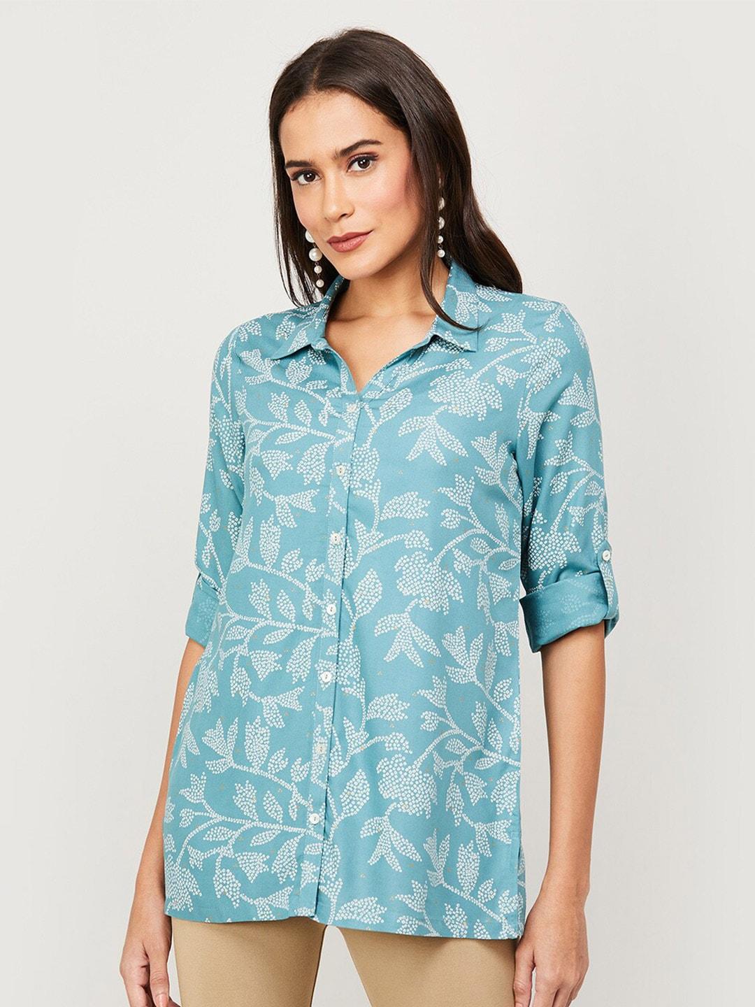 melange-by-lifestyle-blue-&-white-floral-printed-shirt-collar-kurti