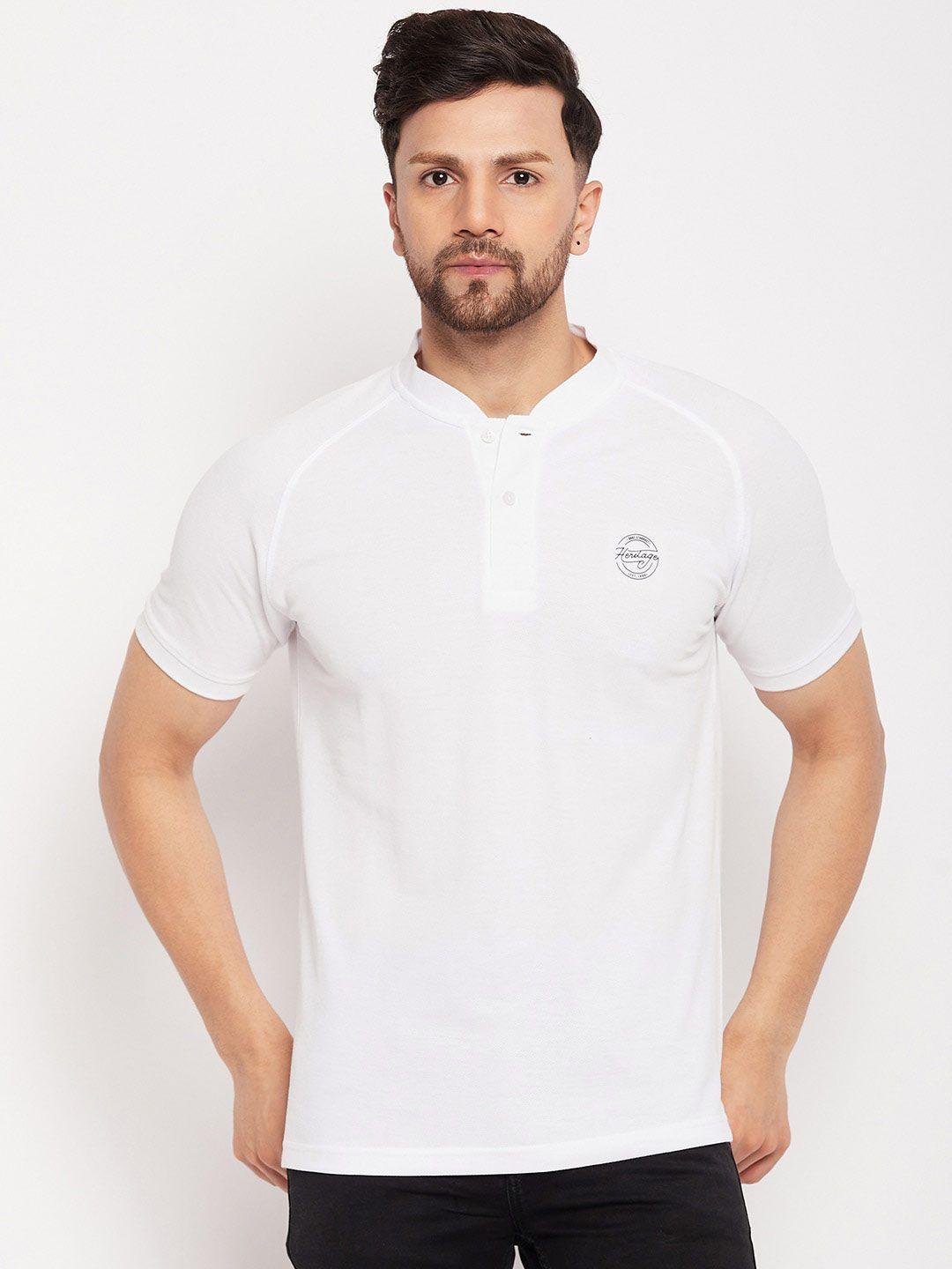 Duke Men White Mandarin Collar Applique Slim Fit T-shirt