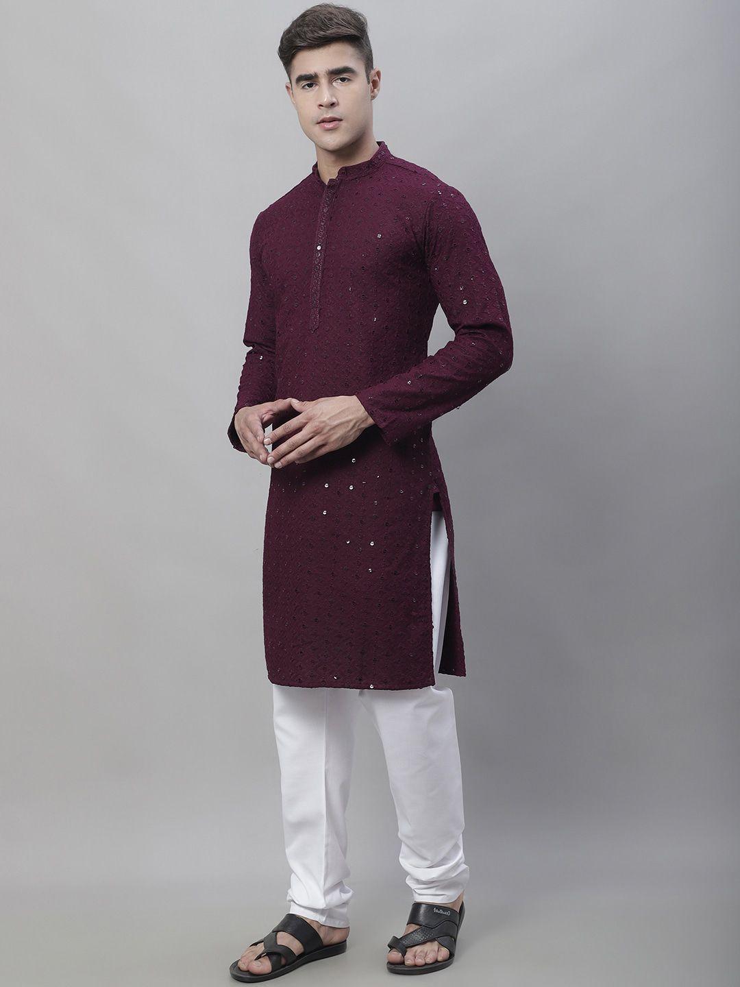 sojanya-men-purple-embroidered-regular-pure-cotton-kurta-with-churidar
