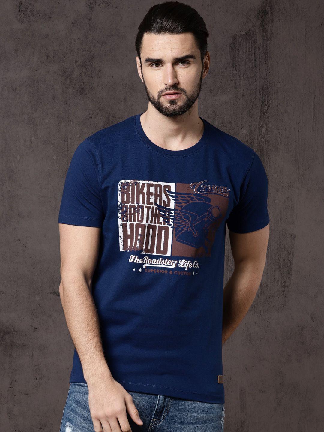 Roadster Time Travlr Men Blue Printed Round Neck Pure Cotton T-shirt