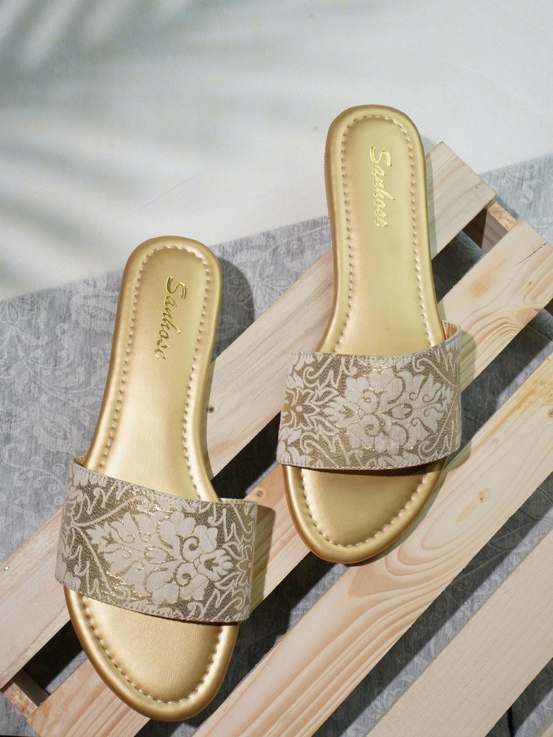 Anouk Women Gold Toned Woven Design Fabric Open Toe Flats