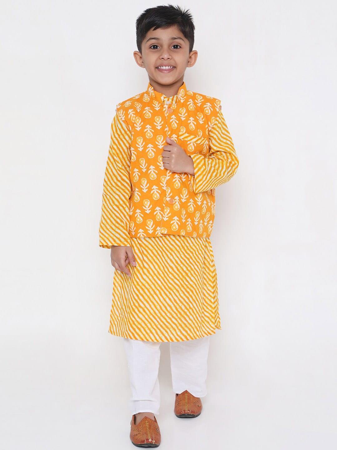 KID1 Boys Yellow Striped Regular Pure Cotton Kurta with Pyjamas