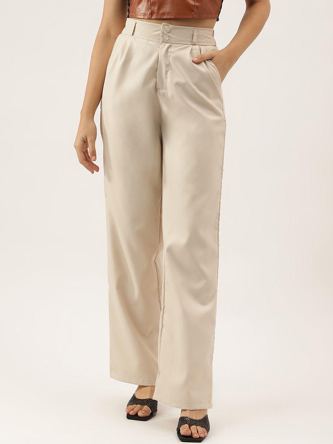 AAHWAN Women Cream-Coloured Loose Fit High-Rise Pleated Trousers