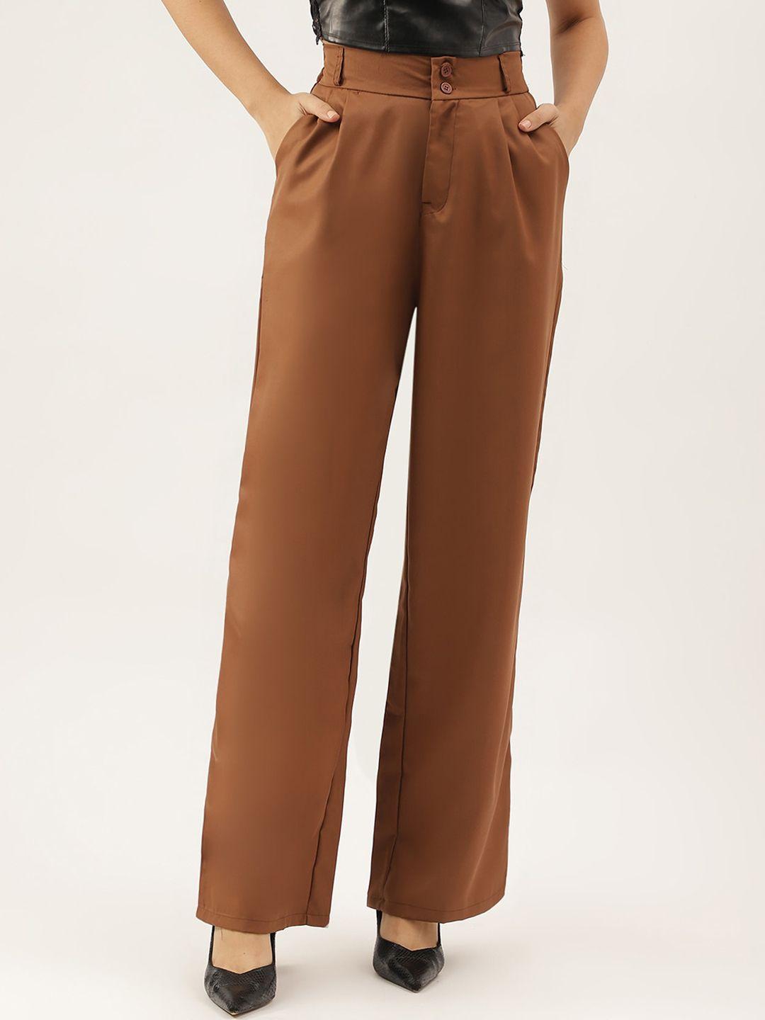 AAHWAN Women Brown Loose Fit High-Rise Pleated Trousers