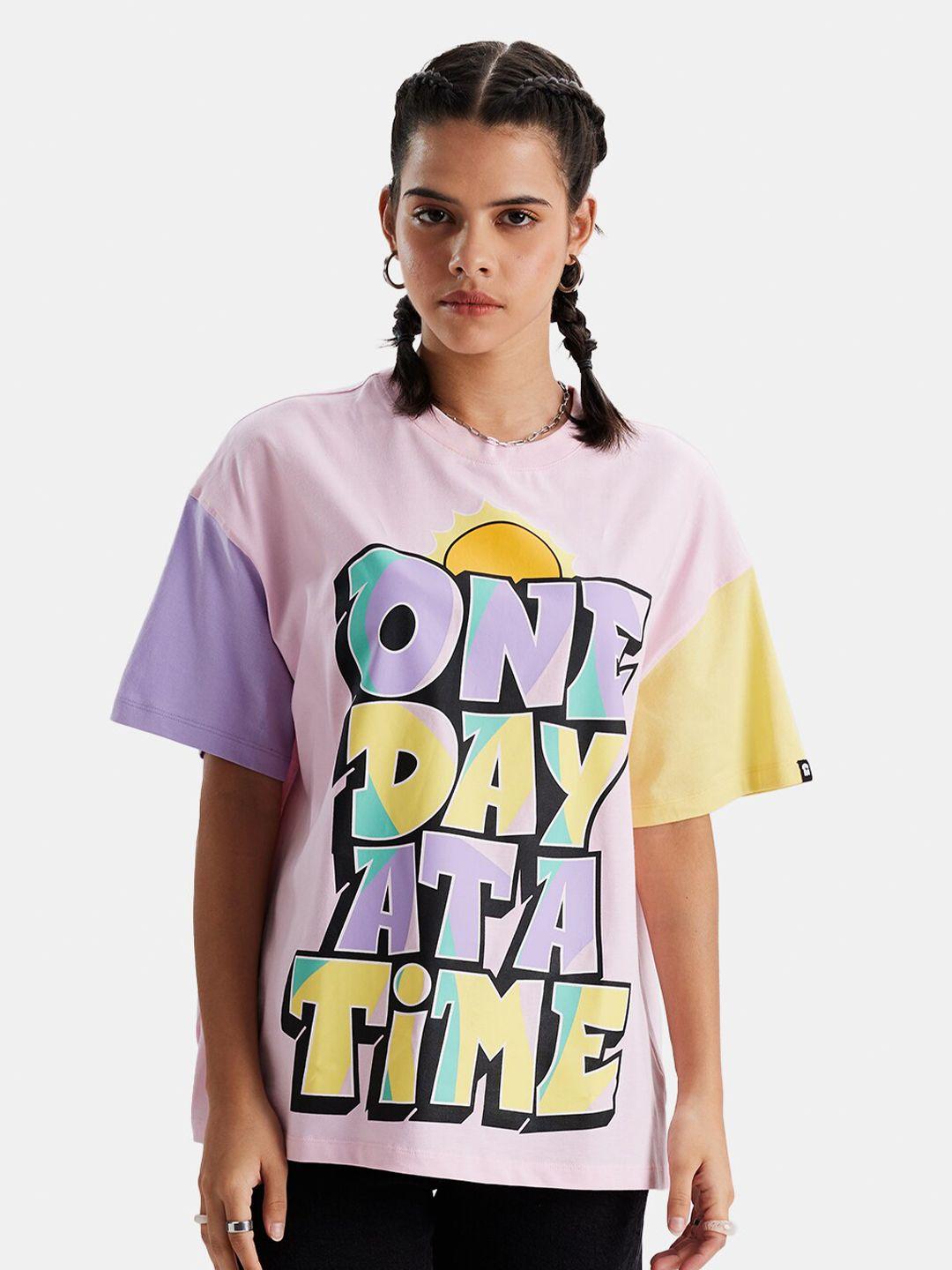The Souled Store Purple & Yellow Typography Printed Pure Cotton Oversized Fit T-shirt