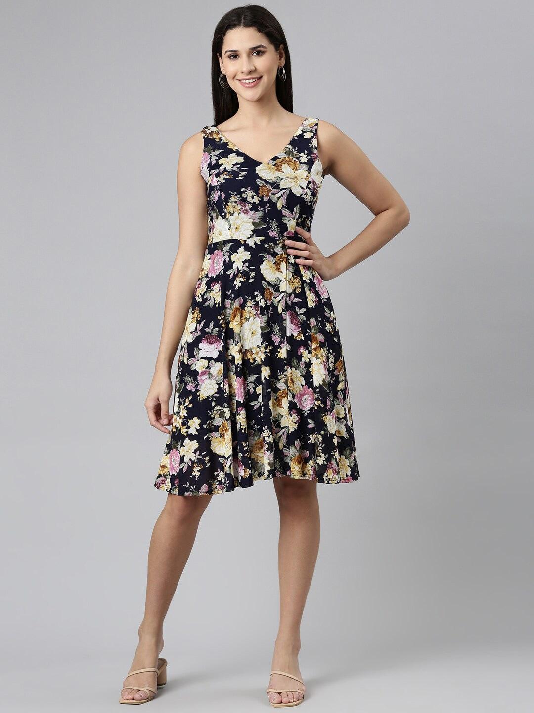 showoff-floral-printed-smocked-velvet-fit-&-flare-dress