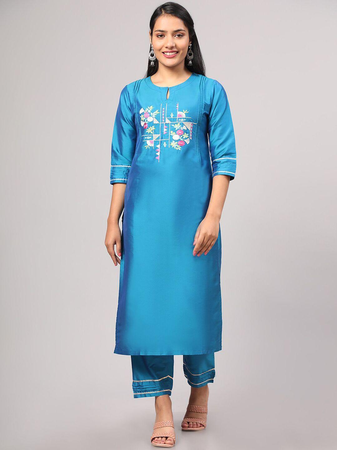 V TRADITION Women Blue Floral Embroidered Regular Thread Work Kurta with Trousers
