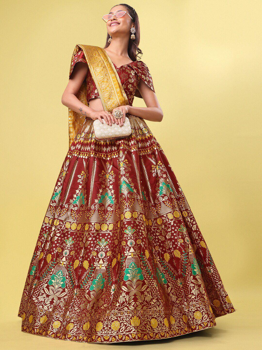 PURVAJA Maroon & Green Ready to Wear Lehenga & Unstitched Blouse With Dupatta