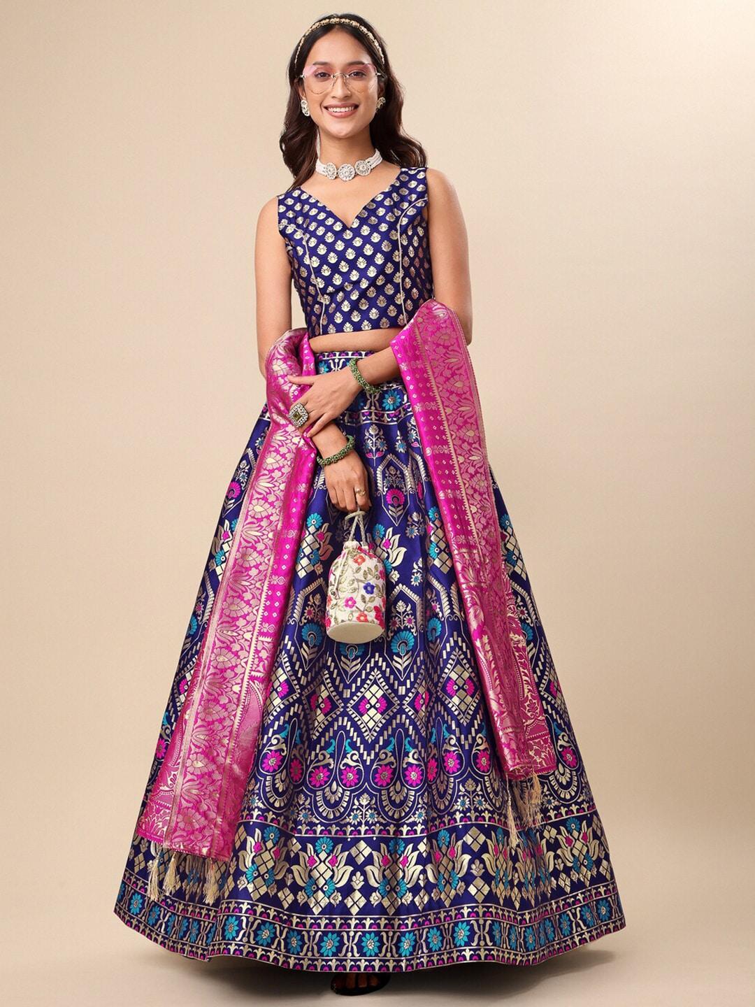 PURVAJA Navy Blue & Pink Ready to Wear Lehenga & Unstitched Blouse With Dupatta