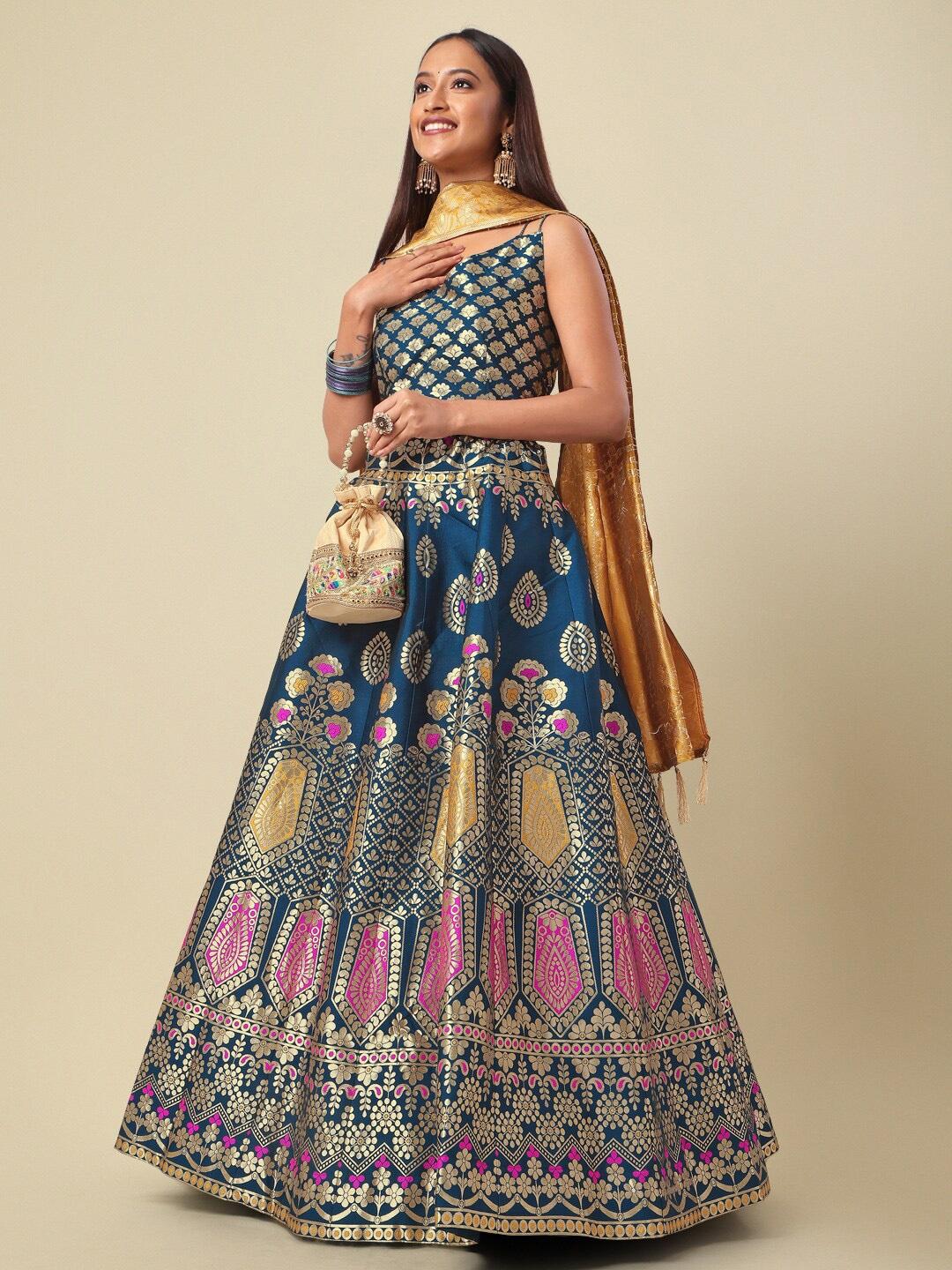 PURVAJA Teal & Yellow Ready to Wear Lehenga & Unstitched Blouse With Dupatta