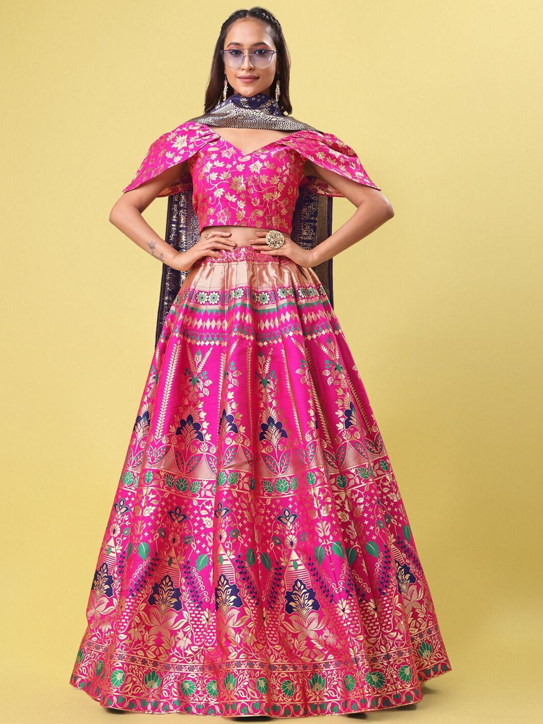 PURVAJA Pink & Gold-Toned Ready to Wear Lehenga & Unstitched Blouse With Dupatta