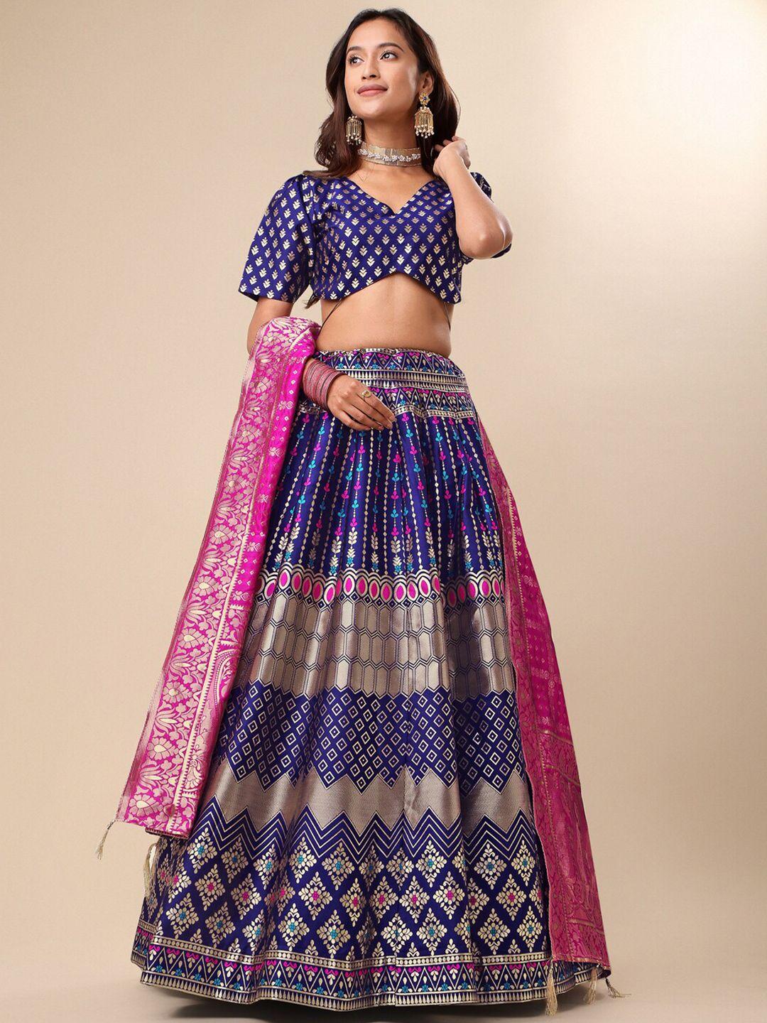 PURVAJA Navy Blue & Magenta Ready to Wear Lehenga & Unstitched Blouse With Dupatta