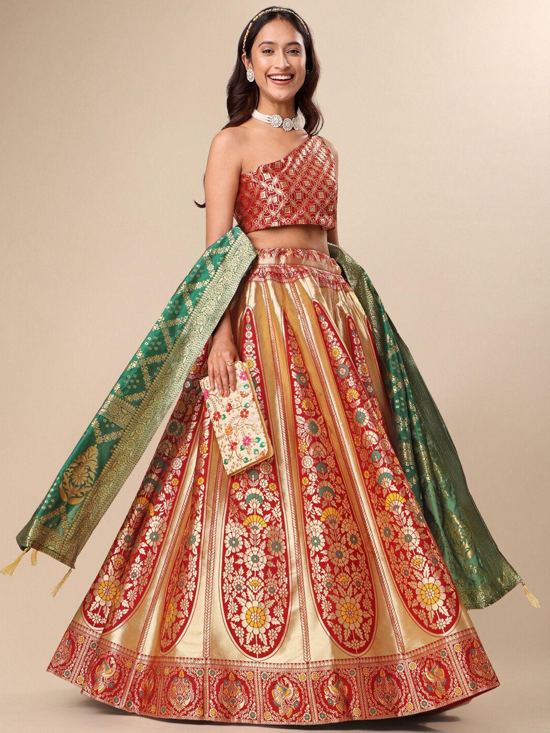 PURVAJA Red & Gold-Toned Ready to Wear Lehenga & Unstitched Blouse With Dupatta