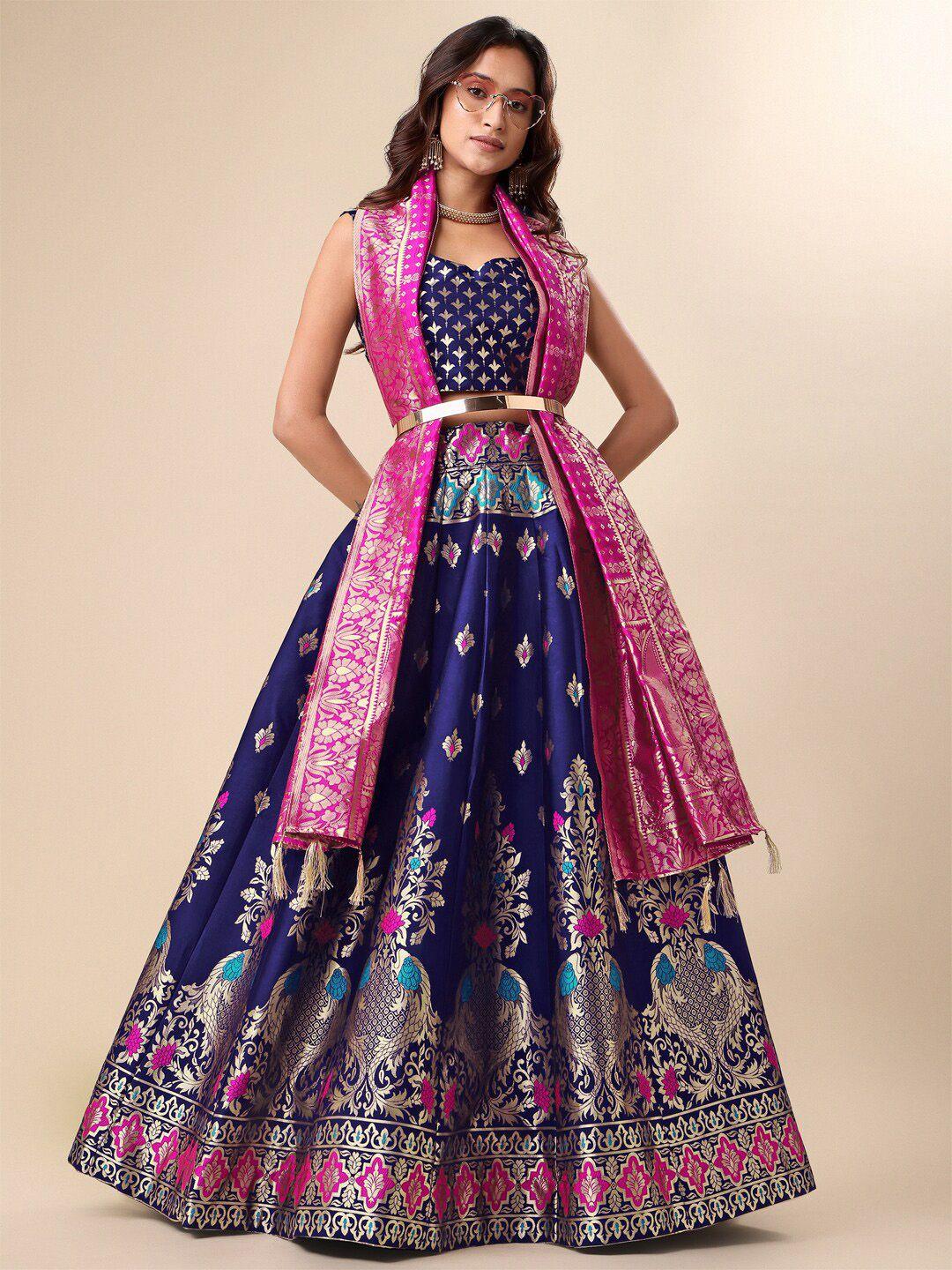 PURVAJA Navy Blue & Magenta Ready to Wear Lehenga & Unstitched Blouse With Dupatta