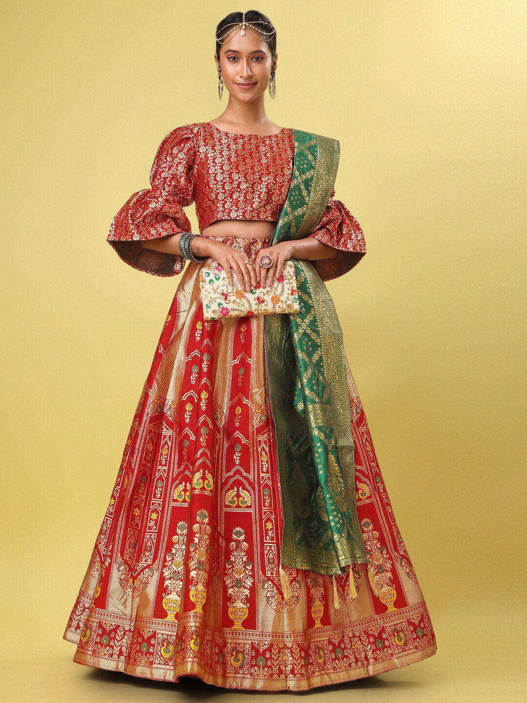 PURVAJA Red & Green Ready to Wear Lehenga & Unstitched Blouse With Dupatta