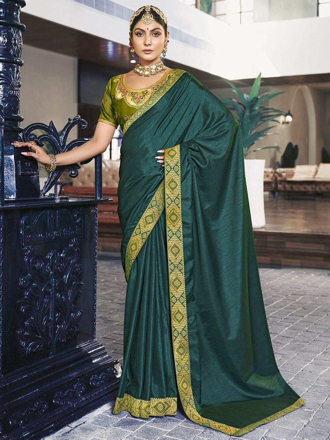 KALINI Green & Gold-Toned Silk Blend Saree