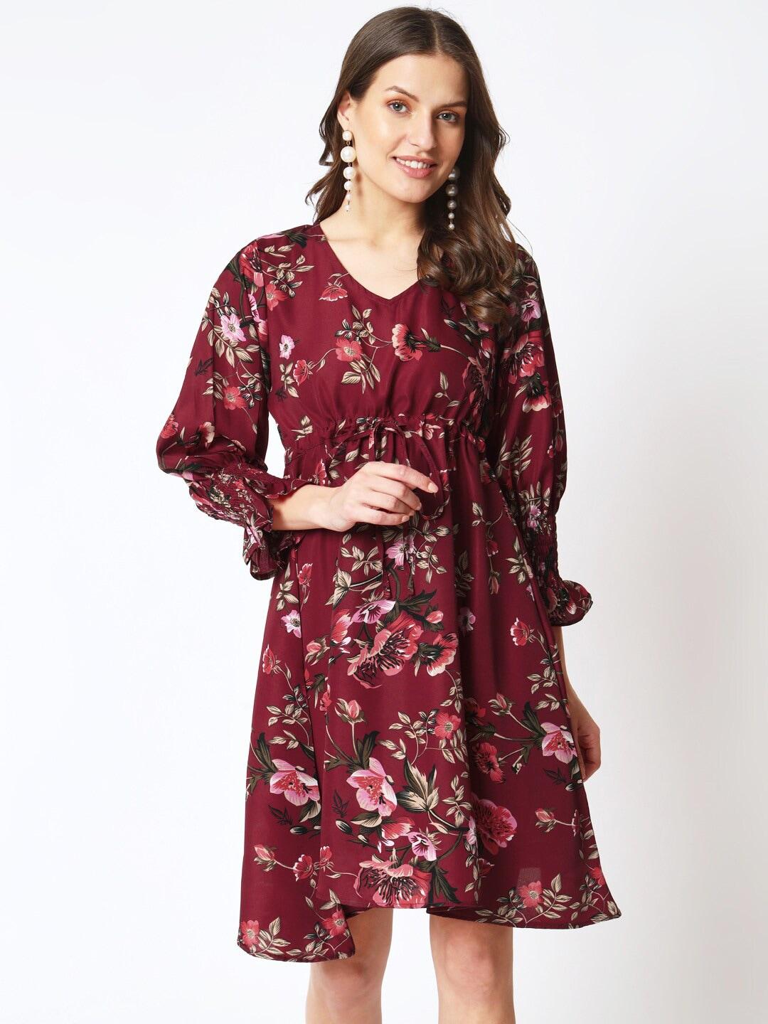 cuffs-n-lashes-maroon-floral-print-puff-sleeve-fit-&-flare-dress