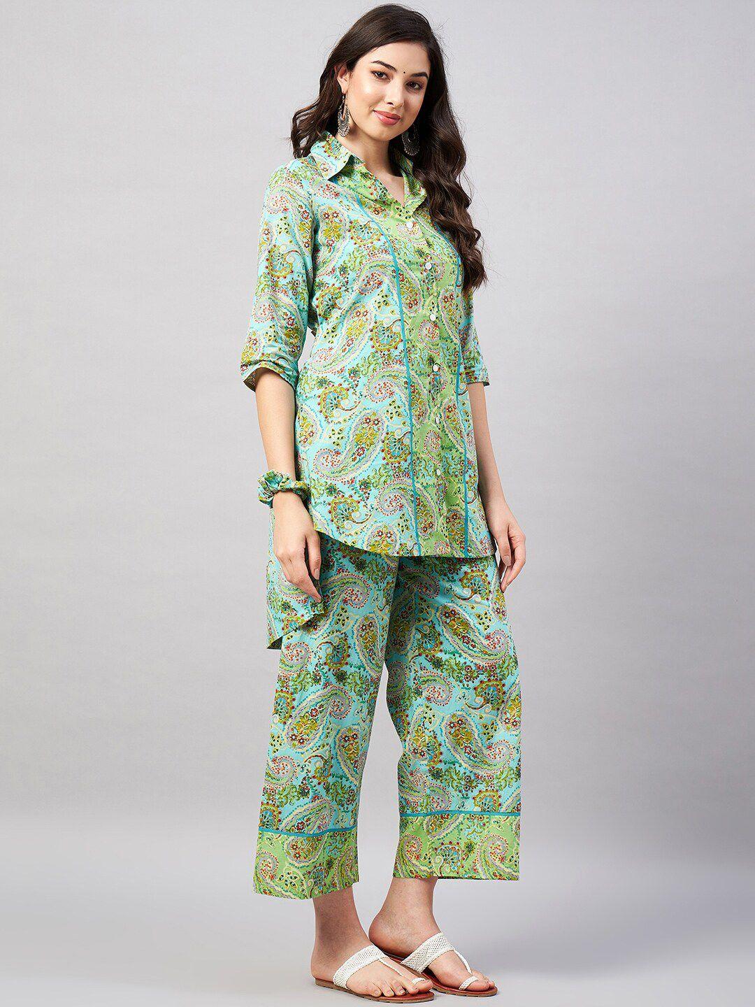 WineRed Women Printed Pure Cotton Tunic With Trouser & Scrunchies