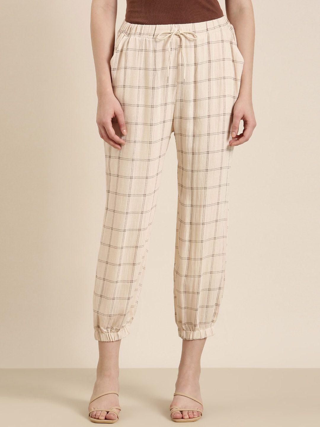 showoff-women-cream-coloured-checked-relaxed-flared-high-rise-joggers-trousers