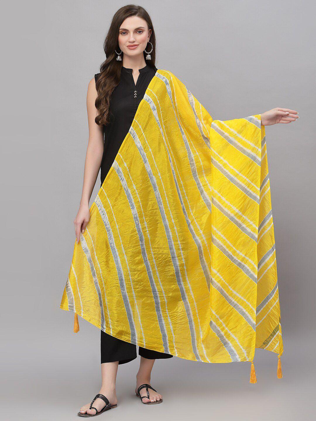 Ragavi Yellow & White Striped Art Silk Leheriya Dupatta
