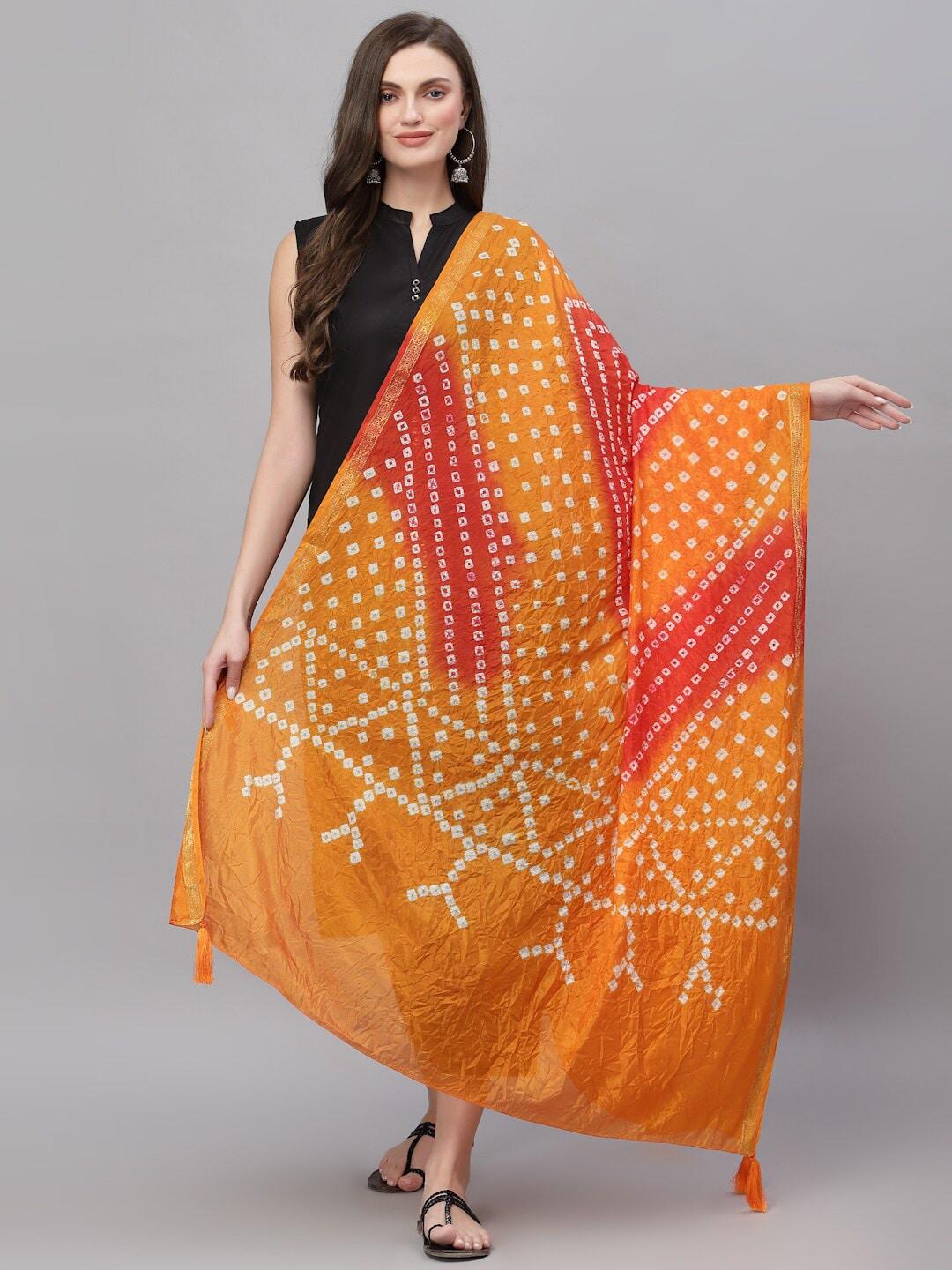 Ragavi Orange & White Printed Art Silk Bandhani Dupatta